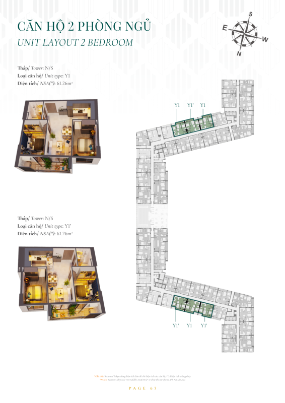 Mặt bằng căn Y1/Y1′ The GLORY diện tích thông thủy 61,26 mét vuông trong brochure năm 2020