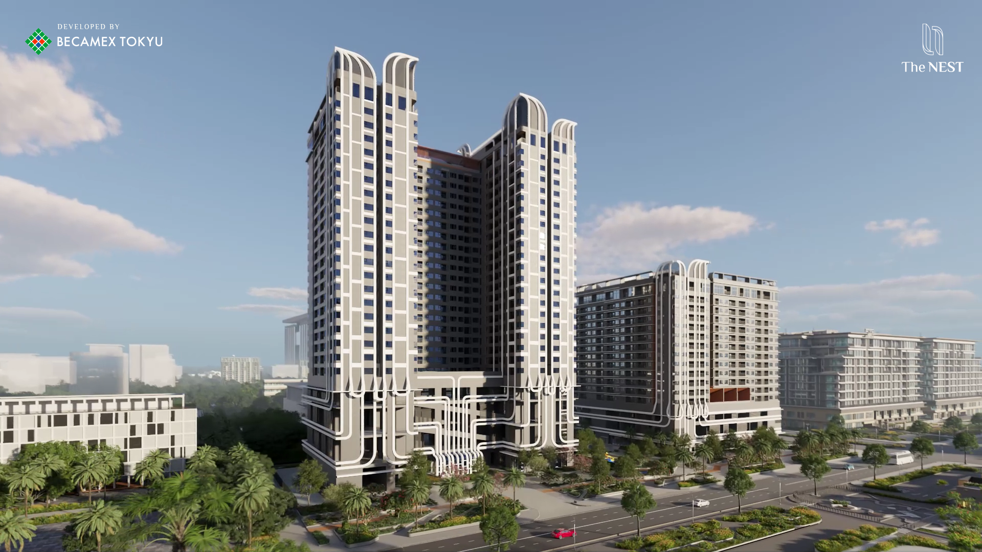 Phối cảnh kiến trúc The NEST do Becamex Tokyu cung cấp, thể hiện hai tòa cao thấp khác nhau.