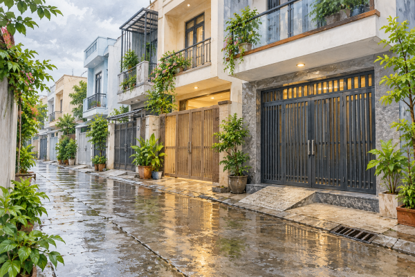 Minh họa AI dãy nhà phố, lối vào và hẻm ướt sau mưa; không phải hiện trạng Quận 12
