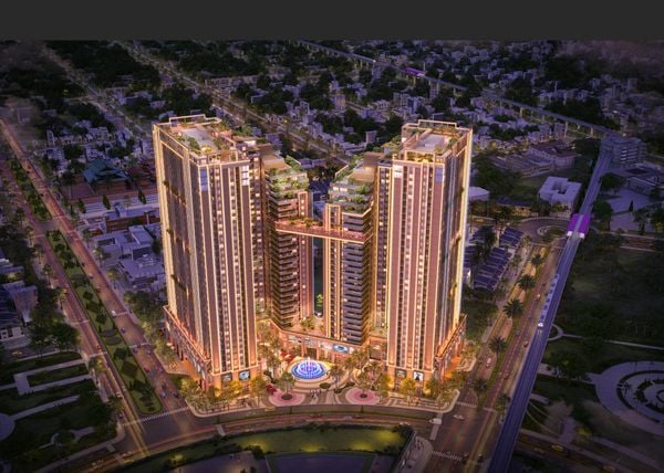 Phối cảnh hai tháp và khối đế chung Nam Mekong Grand Plaza nhìn từ trên cao