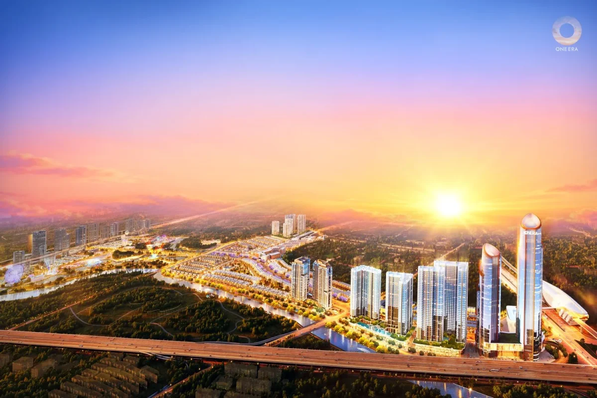 Phối cảnh tổng thể One Era với các khối nhà và không gian xanh; không phải ảnh hiện trạng.