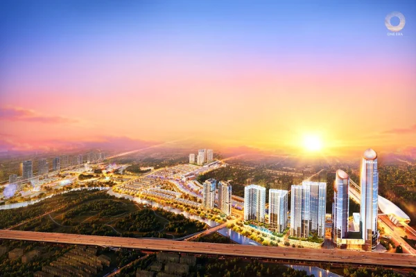 Phối cảnh tổng thể One Era với các khối nhà và không gian xanh; không phải ảnh hiện trạng.